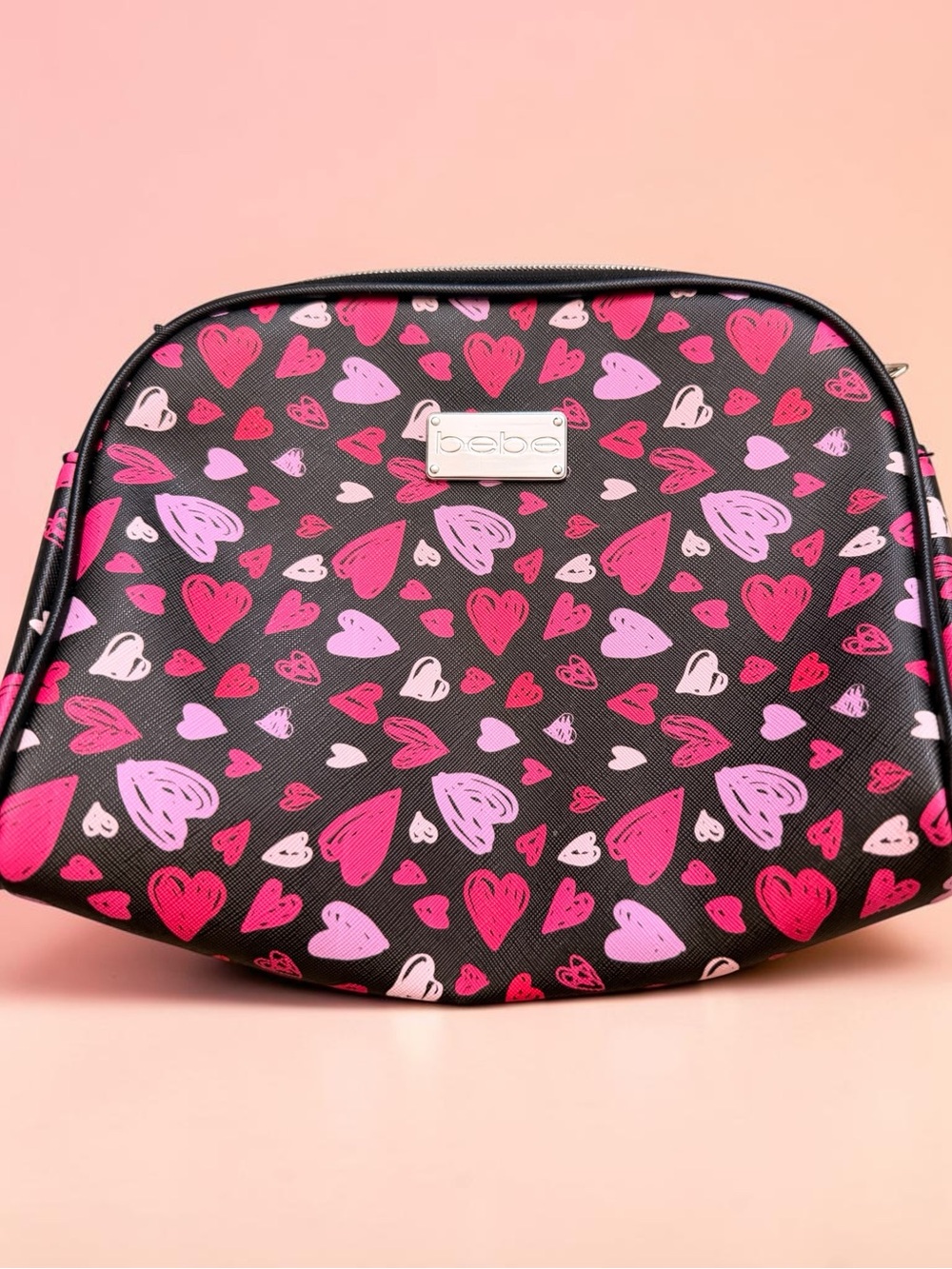 bebe Black Cosmetic Bag with Pink & Hot Pink Heart Print